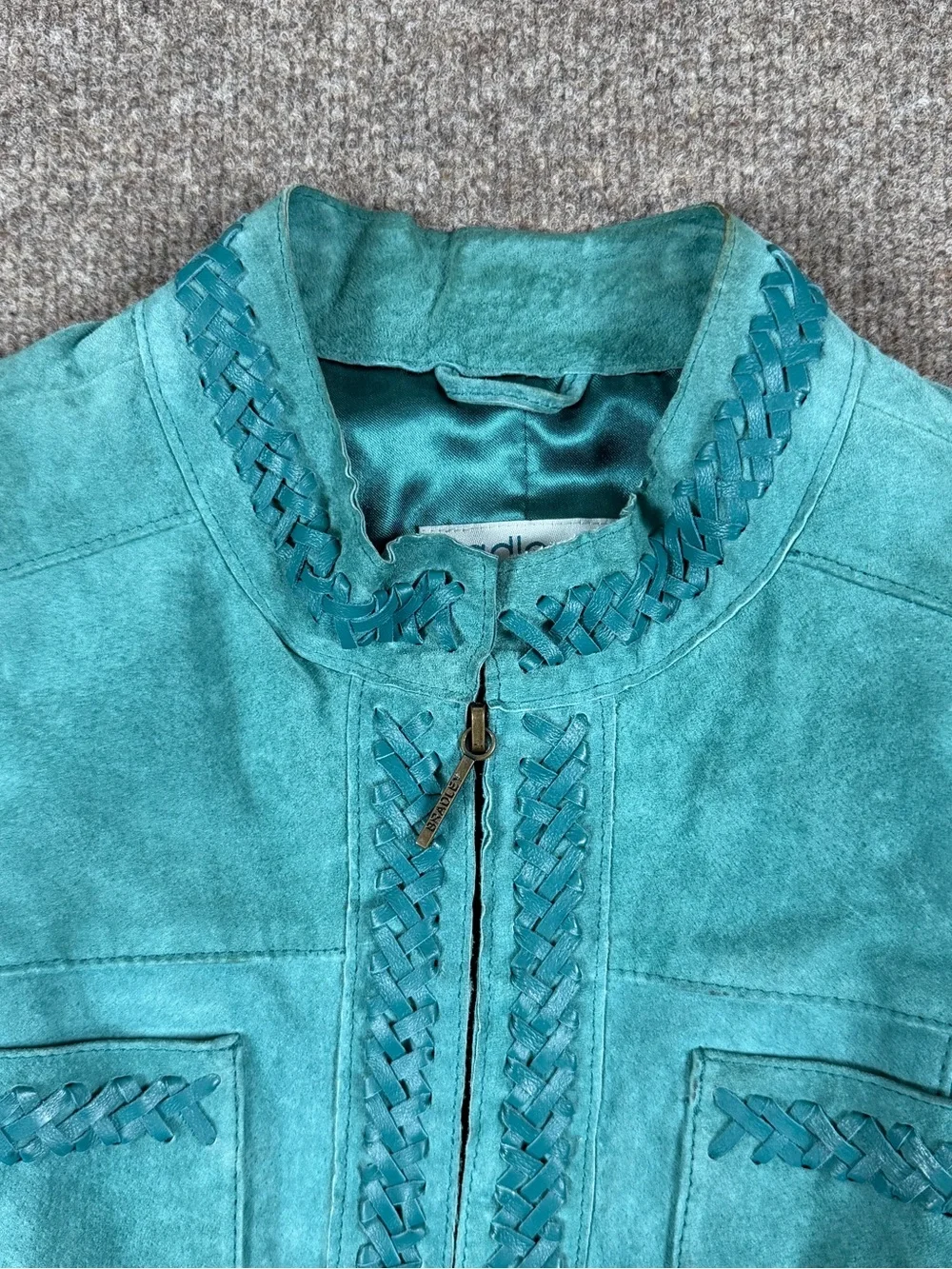 Y2K Bradley Teal Blue Suede Leather Jacket Women’s M Mandarin Collar Woven Trim - Picture 7 of 16